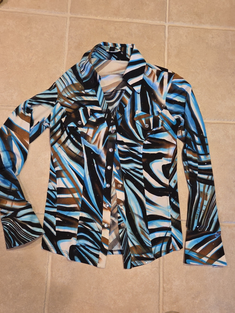 Cache Abstract Stripe Snap-Down Shirt in Blue, Black and Brown